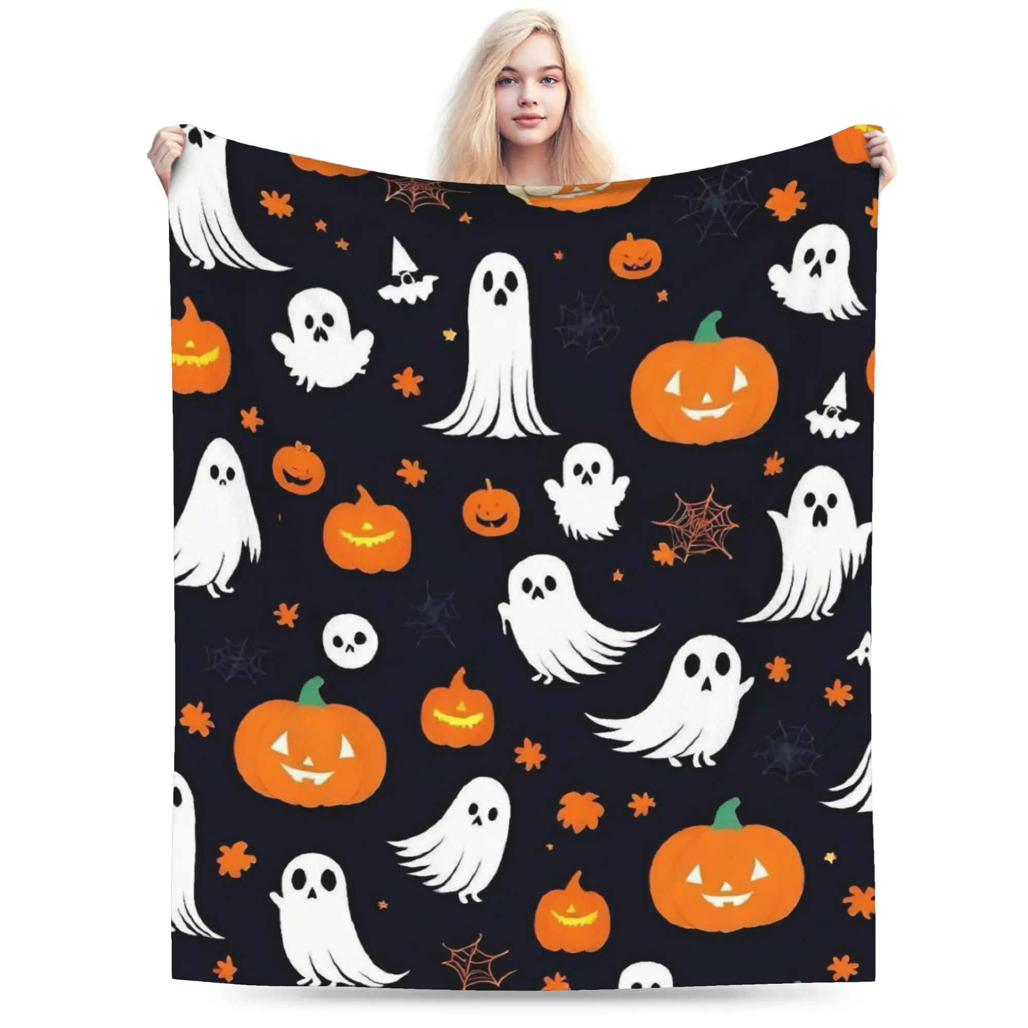 Super Soft Halloween Ghost Pumpkin Spooky Trick Or Treat Witch Throw Blanket Premium Flannel Fleece Lightweight  Bed Blanket
