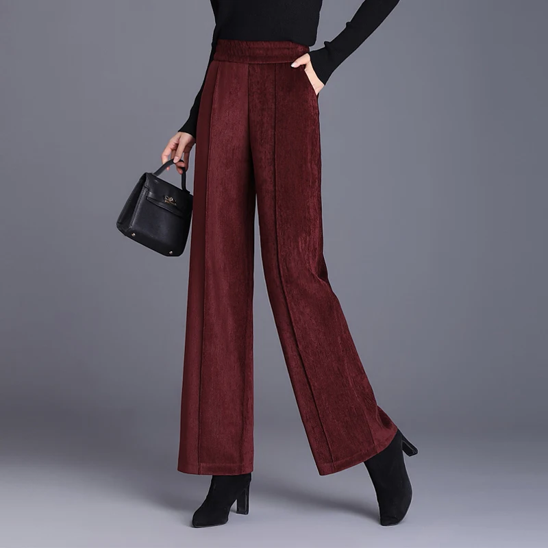 Women High Waist Wide Leg Pants Autumn Winter Thick Corduroy Trousers 2024 Fashion Red Loose Straight Pants Ladies Streetwear