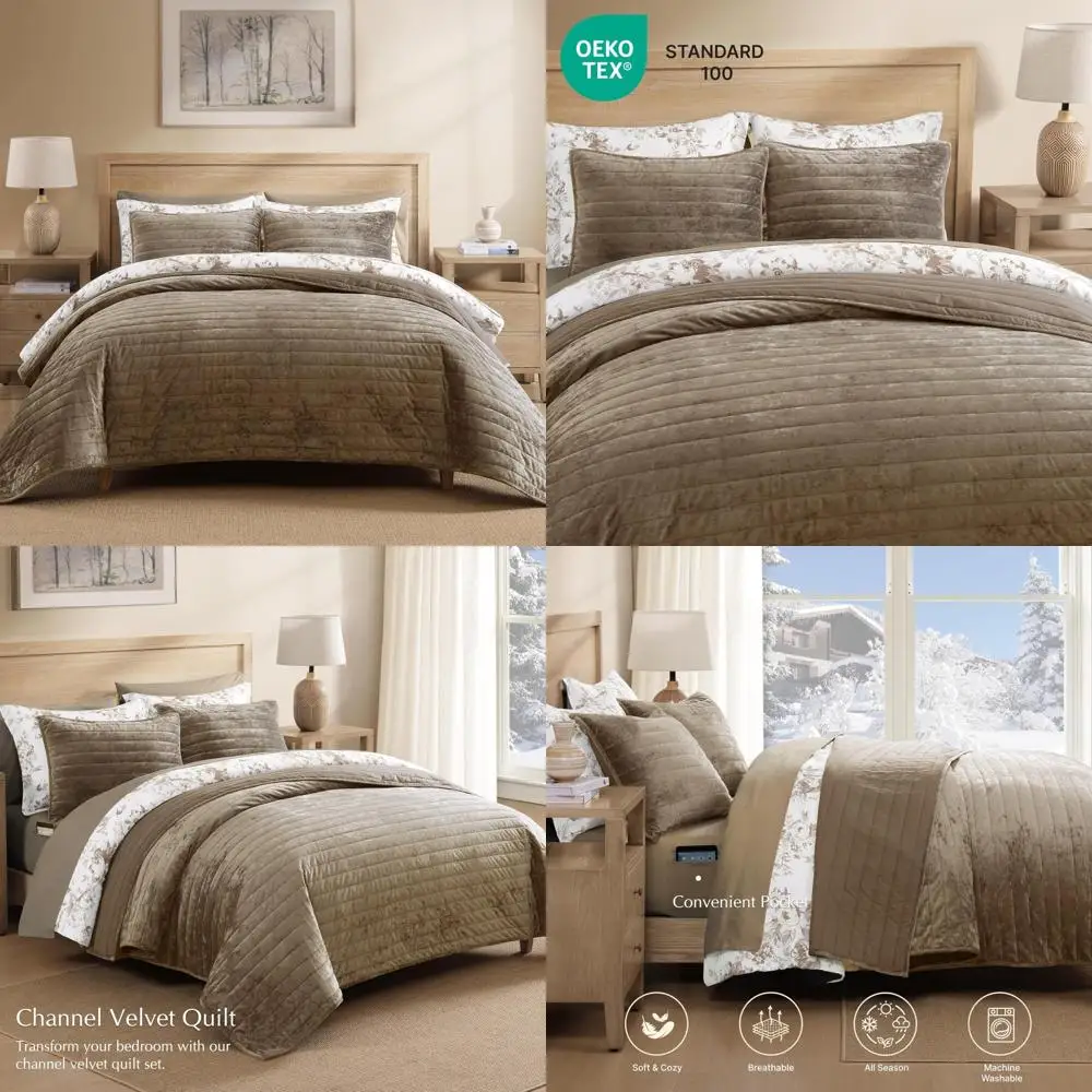 

Luxurious Taupe Oatmeal Velvet Striped Comforter Set with 2 Shams - Plush Velvet Queen Bedding