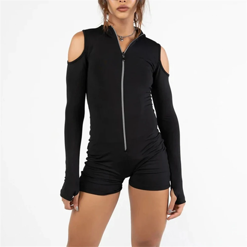 Macacão preto sexy outono/inverno top apertado macacão feminino com zíper sexy com nervuras y2k roupas de manga comprida moda feminina