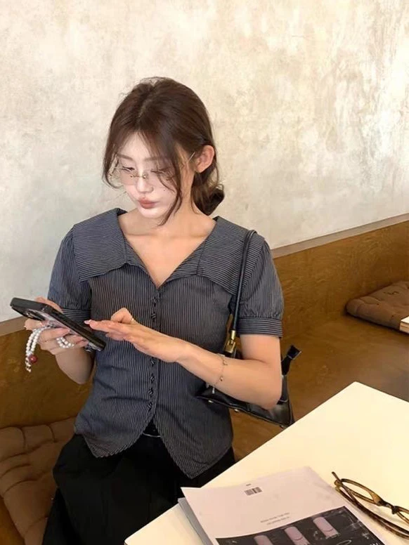 Retro Striped irt Women's Sweet Sle ort Sve Turn-down Collar Commute Simple Design Summer New Arrival Small Size