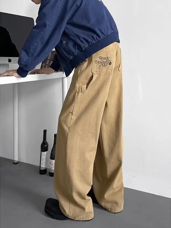 

Мужские брюки прямого кроя цвета хаки с вышивкой, модные, осенне-зимние, в американском стиле, повседневные, Cleanfit