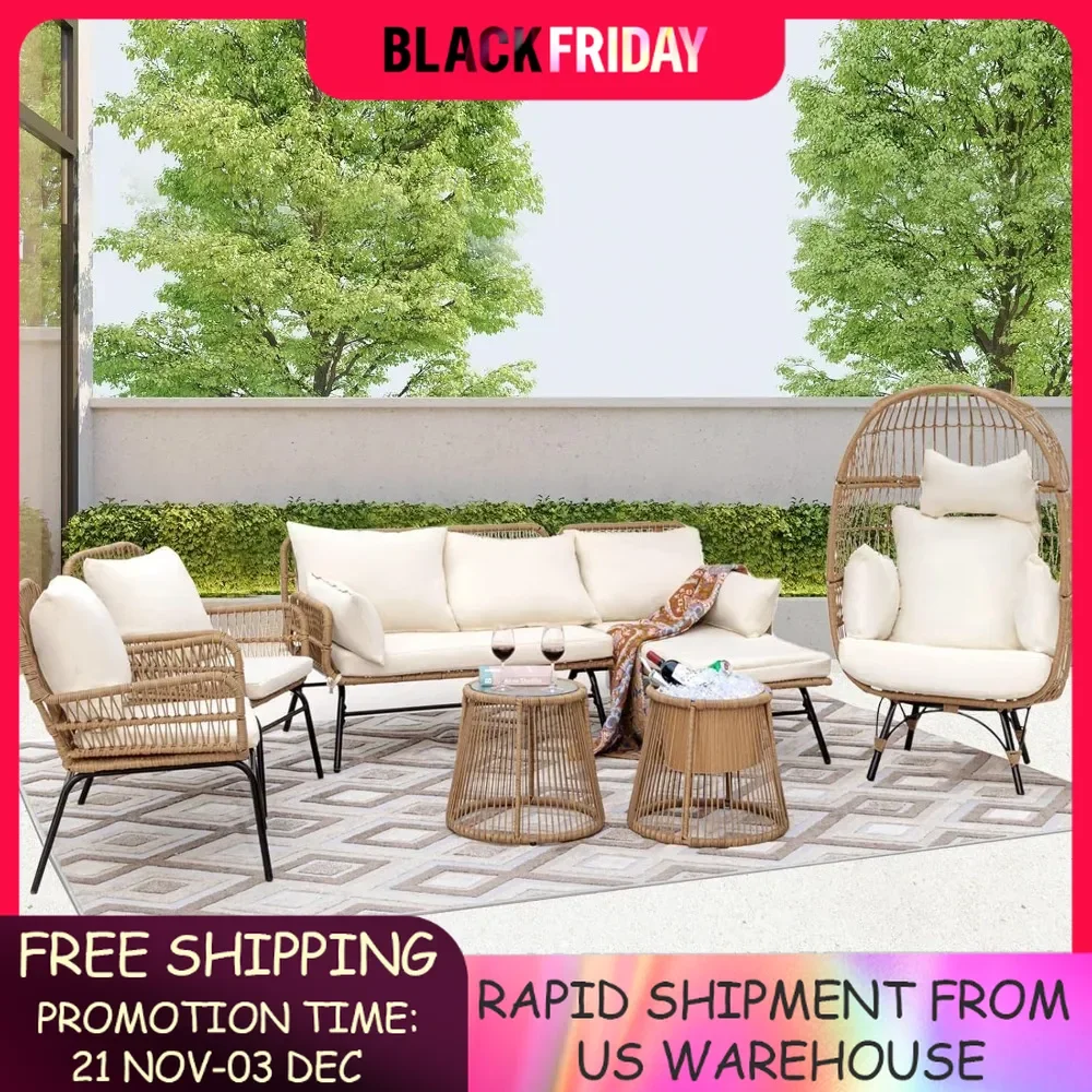 7 Piece Patio Furniture Sets with Egg Chair, Small Outdoor Bistro Chair Conversation Sofa Set w/Coffee Table & Ice Bucket