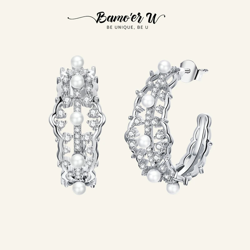 BAMOER U Statement Wedding  Jewelry Pearl Studs Earrings For Women Top Quality Party s925 Studs Jewelry Gift