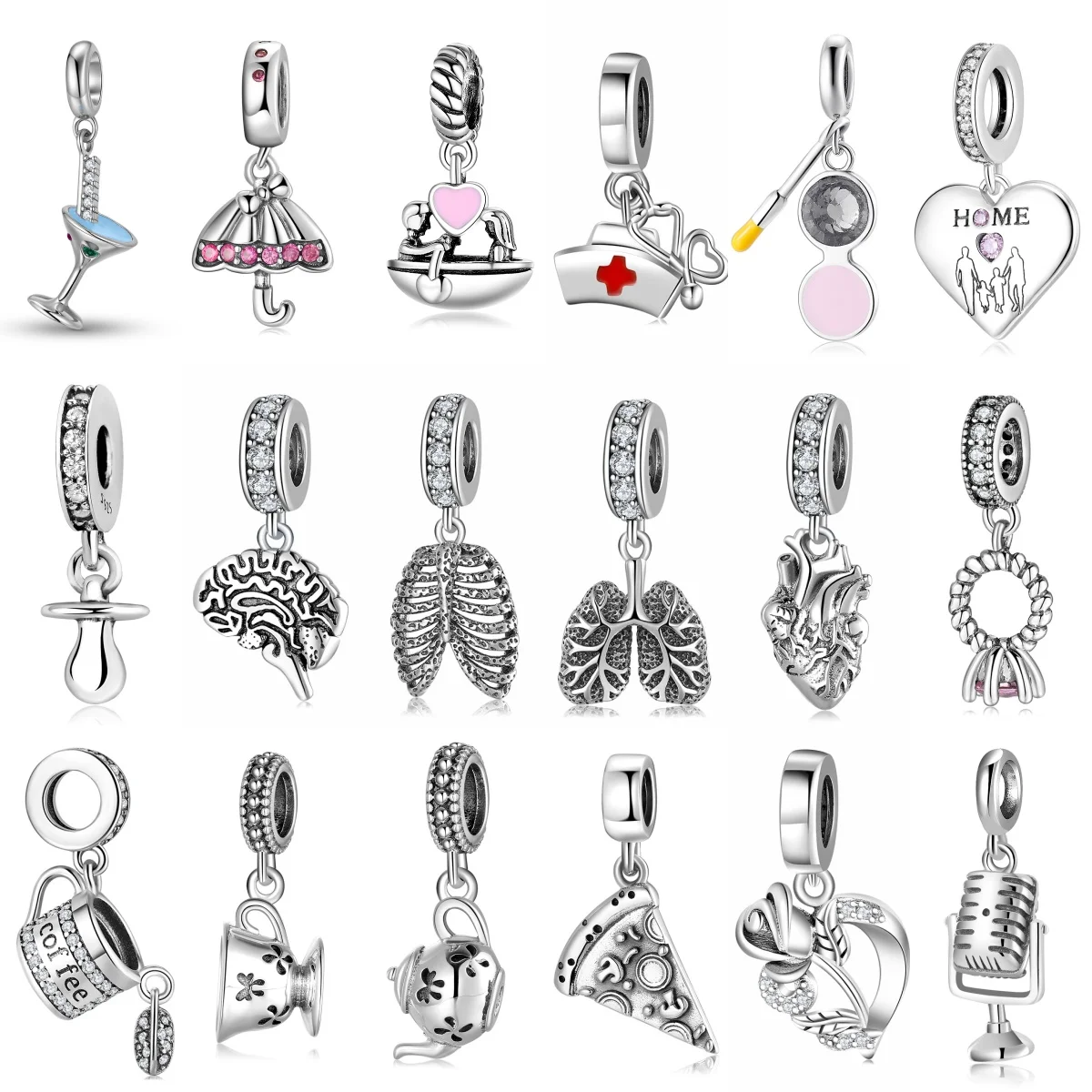 

925 Sterling Silver Umbrella Ring Pacifier Family Heart Zircon Love Charm Fit Original Bracelet Diy Jewelry Accessories Hear