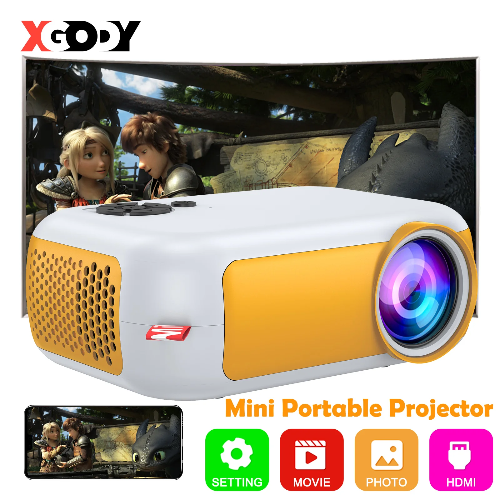 XGODY Mini Projector 1080P Small for Cartoons LED Projector Mobile Phone Video Full HD HDMI USB