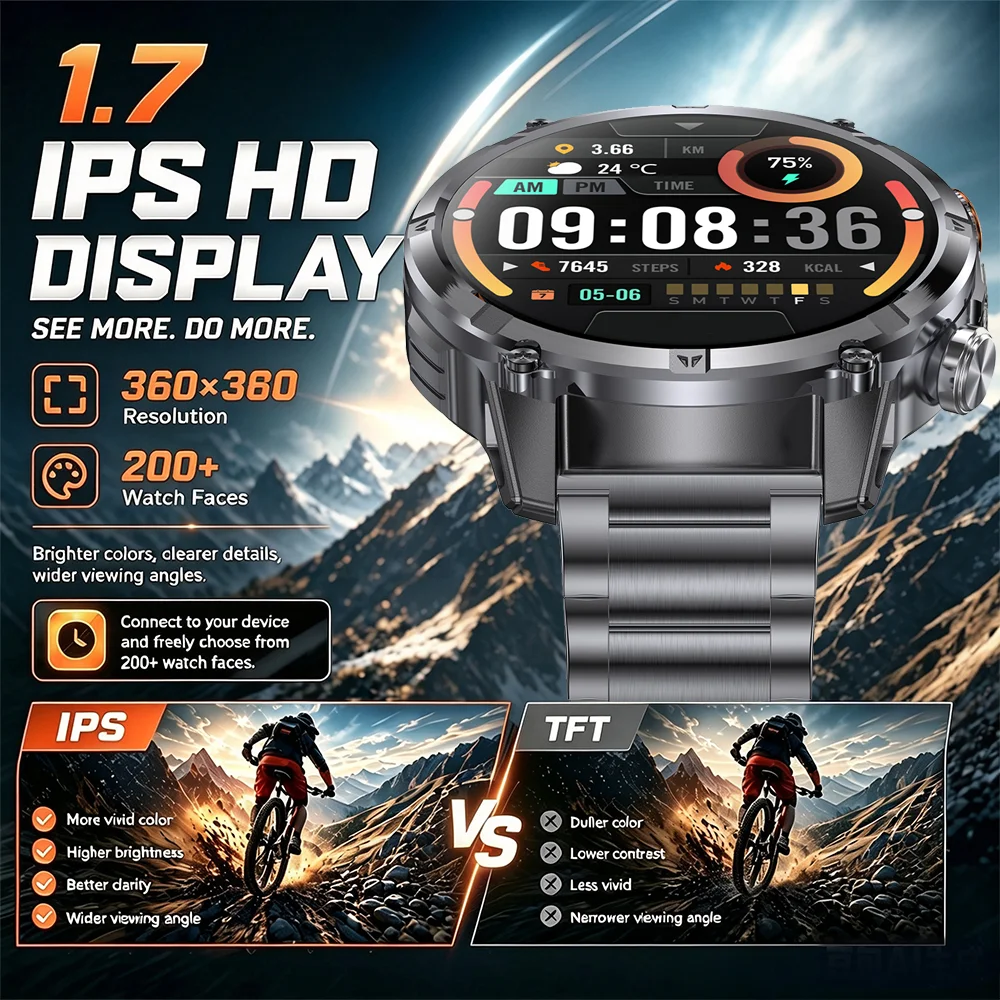 2026 New Military 1400mAh Battery Smart Watch Men Outdoor Flashlight IP68 Waterproof Heart Rate Bluetooth Call Sports Bracelets