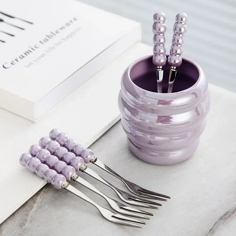 Light Luxury Instagram Pearl Fruit Fork Set Creative Colorful Ceramic Storage Can Household Stainless Steel Fork Fruit Fork Can