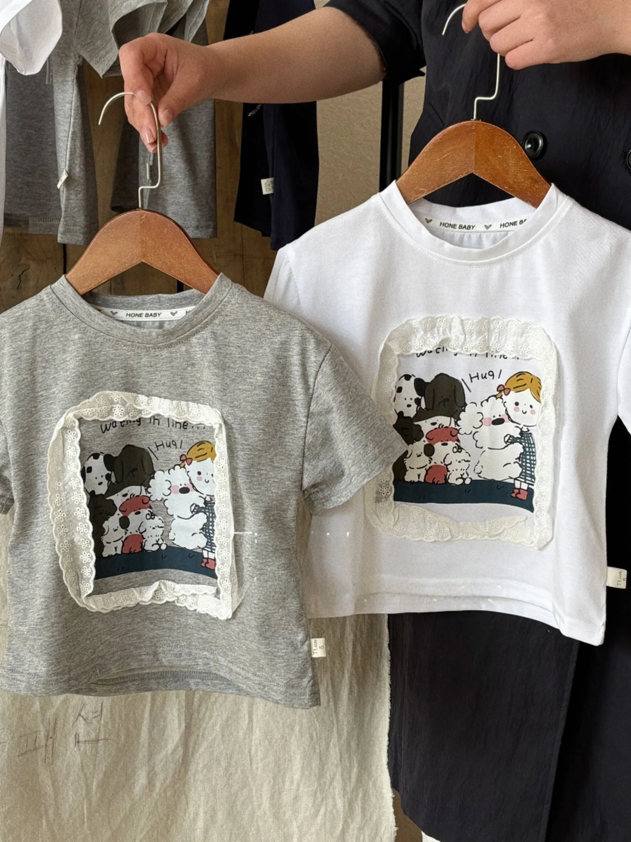 T-shirt d'été en dentelle pour filles, mignon, ort Sve, imprimé de dessin animé, rond, Ne Top, vêtements décontractés pour enfants