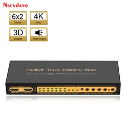 UHD 4K*2K HDMI True Matrix 6x2 4k HDMI Switch Splitter Box Support W/IR ARC SPDIF 3.5mm 3D HDTV 6 In 2 Out HDMI Audio Extractor