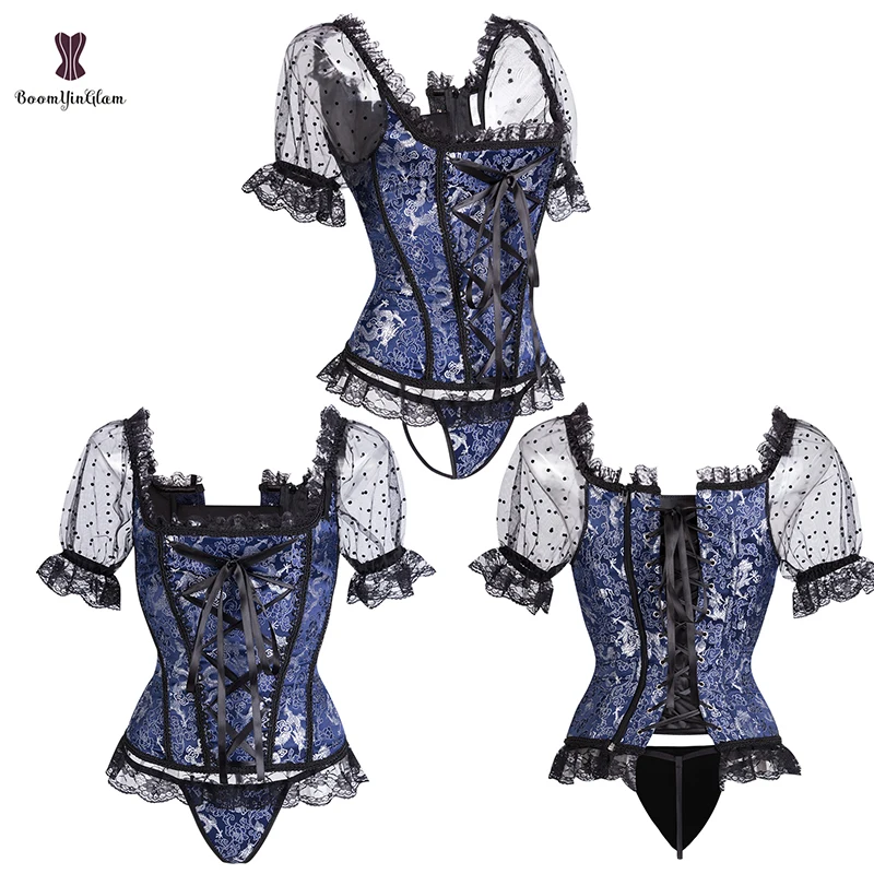 Women's Bustier Sexy Lingerie Vintage Boned Shaping Costume Puff Sleeves Corset Lace Up Ball Dress Top 943#