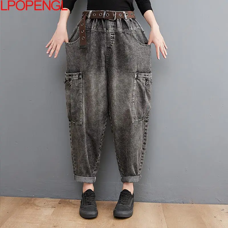 Calça jeans harém feminina, solta, casual, reta, elástica na cintura, streetwear, jeans de bolso grande, monocromática, moda outono