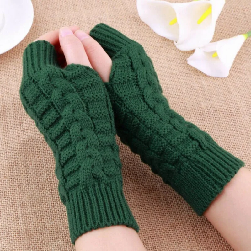 Winter Fingerless Gloves for Women, Computer Short Warm and Extended Korean Style Half-Finger Knitted Flat Gloves