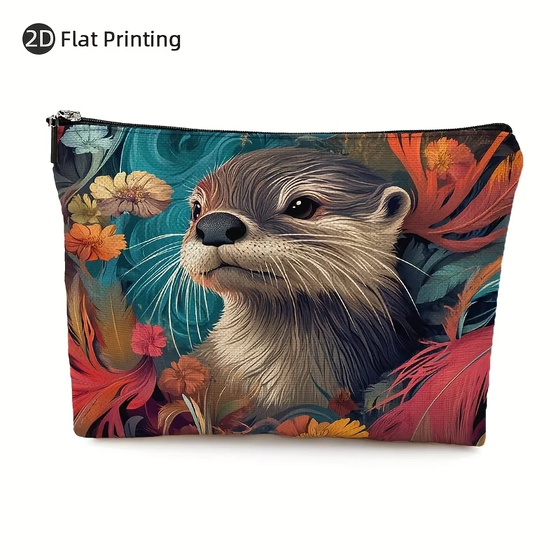 

A Vibrant Floral And Otter Makeup Bag- Multifunctional Zipper Pouch, Jewelry Storage Bag, Perfect Travel Zipper Small Storage Ba
