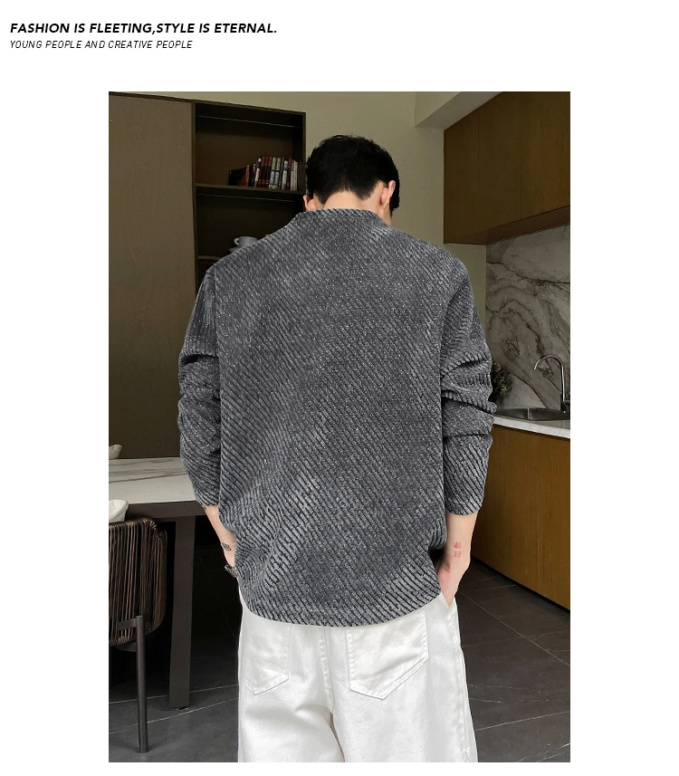 Herren-Loose-Fit-Oblique-Textur-Strickoberteil mit langen Ärmeln, Rundhalsausschnitt, luftigem Stoff für Bürofahrten und Freizeitanlässe. – Detail 25