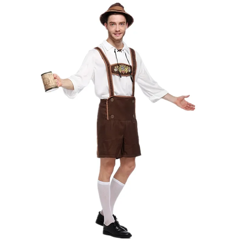 Men's Oktoberfest Lederhosen Costume Bavarian Octoberfest German Beer Costume Suspenders Shorts Male Halloween Cosplay Outfit