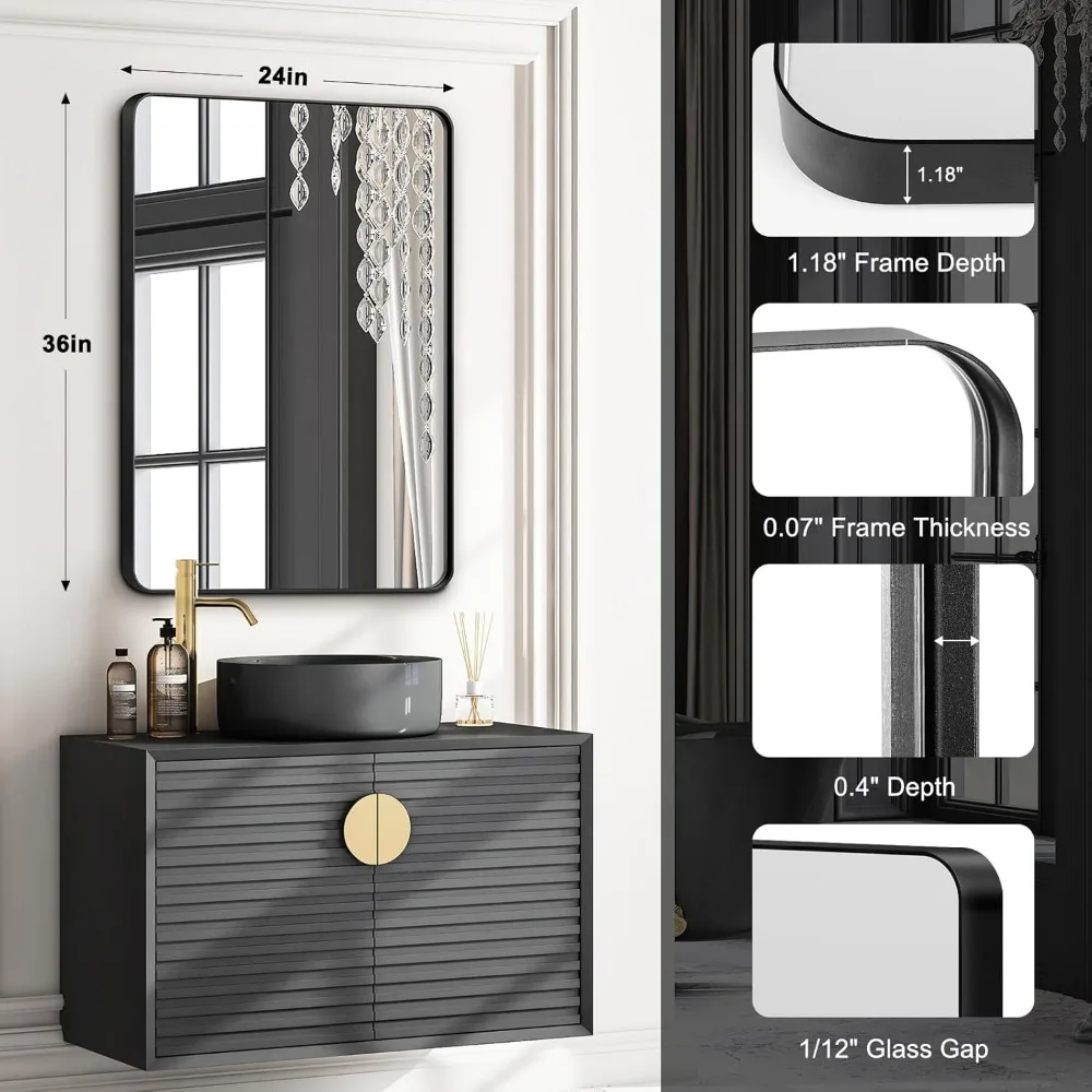 Ensemble de miroirs de salle de bain à cadre noir, 2 pièces, 24 x 36 pouces, incassable, accroche horizontalement ou vertical pour la vanité et le mur