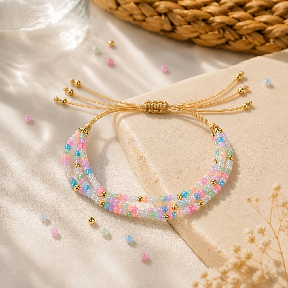 1pc Cute Triple Strand Pastel Round Glass Beaded Bracelet with Gold Color Copper Beads Adjustable Lace-Up for Women