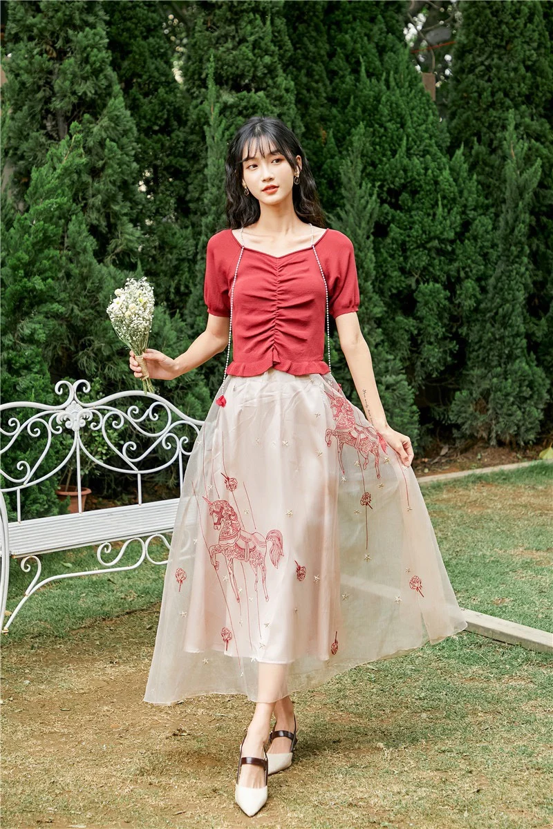 

Summer Woman Organza Lanon Skirts Embroidery New Fashion Floral Two layers Sweet Skirt Female