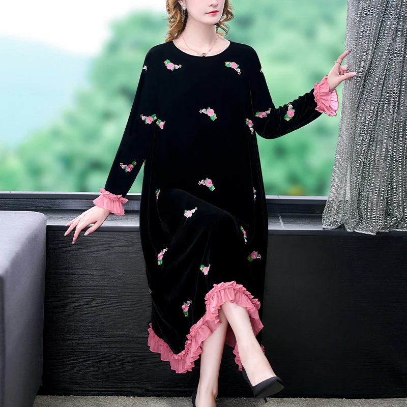 Women Autumn & Winter Elegant Velvet Dress Festa High Quality Long Cocktail Party Robe Embroidery Designer Loose Vestidos