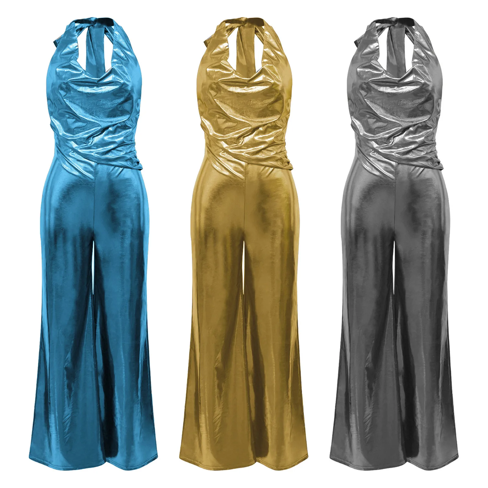 

Womens Metallic Ballroom Dance Shiny Disco Dance Jumpsuit Halter Sleeveless Backless Wide Leg Rompers Clubwear for Raves Party