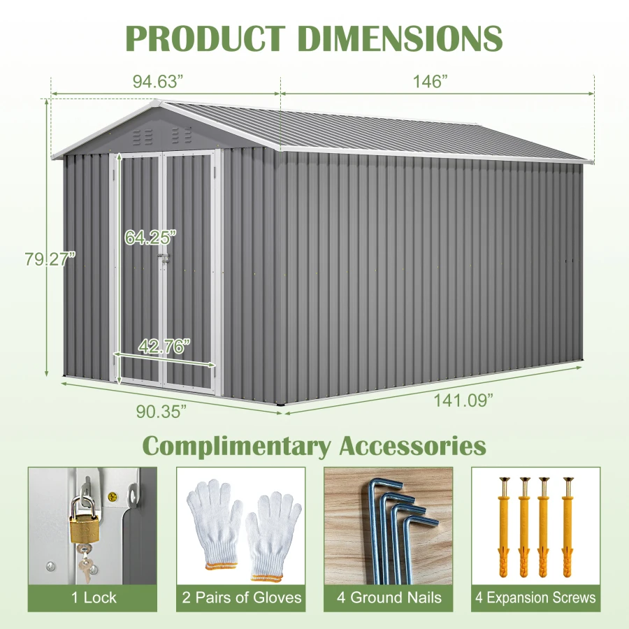 8 x 12 FT Outdoor Storage Shed, Large Metal Tool Storage with Aluminium Frame and Lockable Doors, Storage for Backyard Garden P