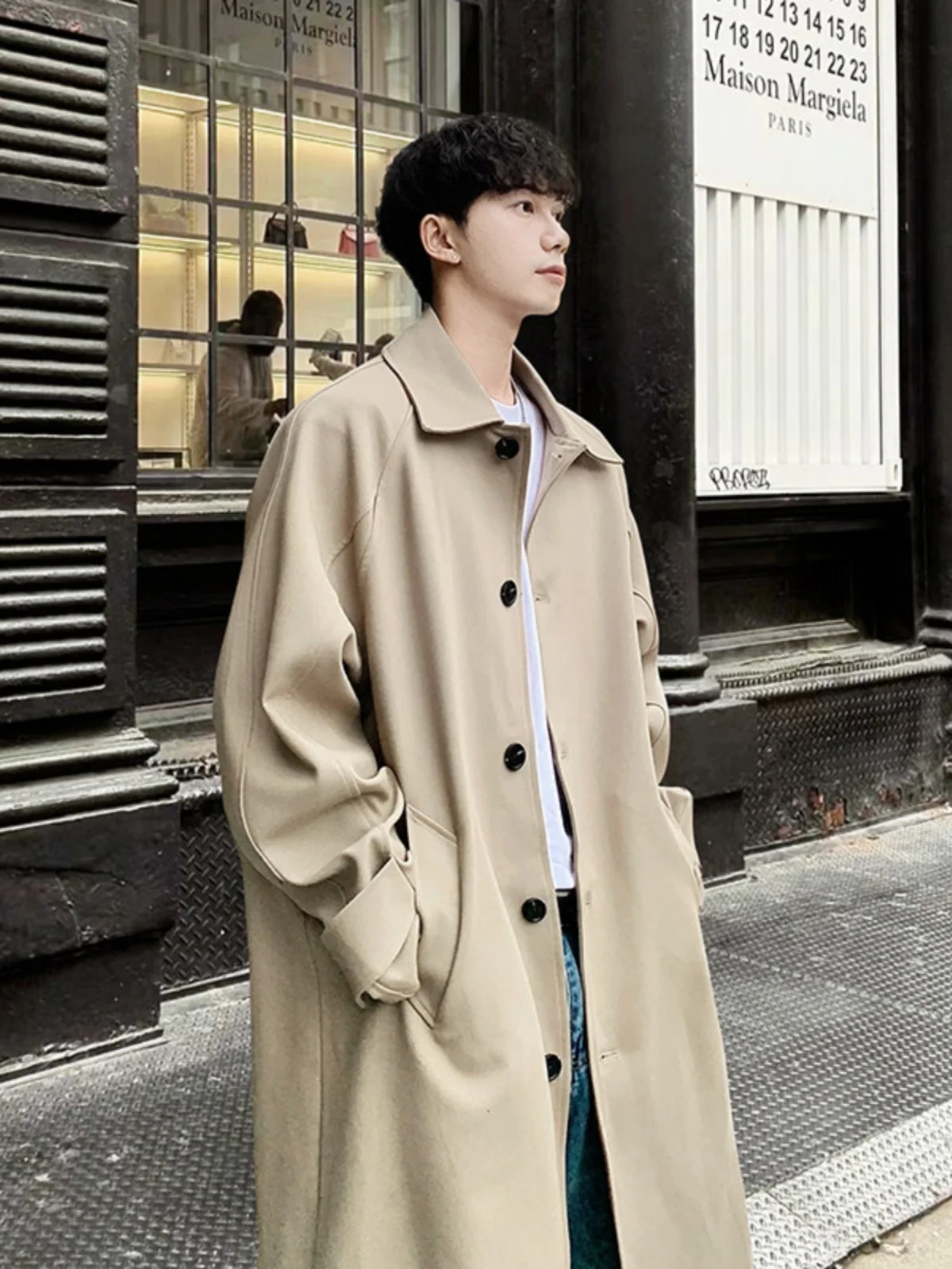 

Khaki Color Men's Long Over-Knee Windbreaker Jacket Youth Fashion Casual Chic British Style Spring Season High Quality Coat