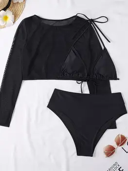 Costume da bagno estivo da donna a triangolo a tre pezzi Costume da bagno sexy a vita alta con fasciatura push-up Costume da bagno a maniche lunghe per le vacanze al mare