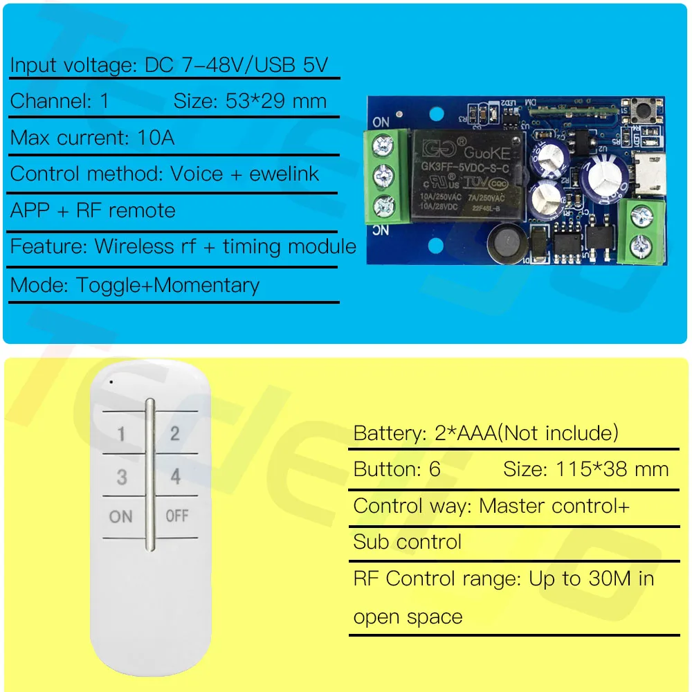 Tedeligo WiFi Ewelink Smart Switch 2.4Ghz Remote Controller USB 5V DC 12V 24V 48V Relay Receiver Timing Module,work with Alexa