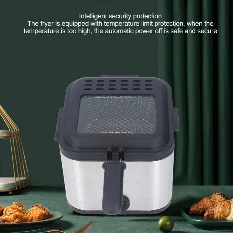 

Adjustable Temperature Electric French Fries Fryer 2.5L 1000W Stainless Steel Deep Fryer For Chicken Onion Rings Square Design