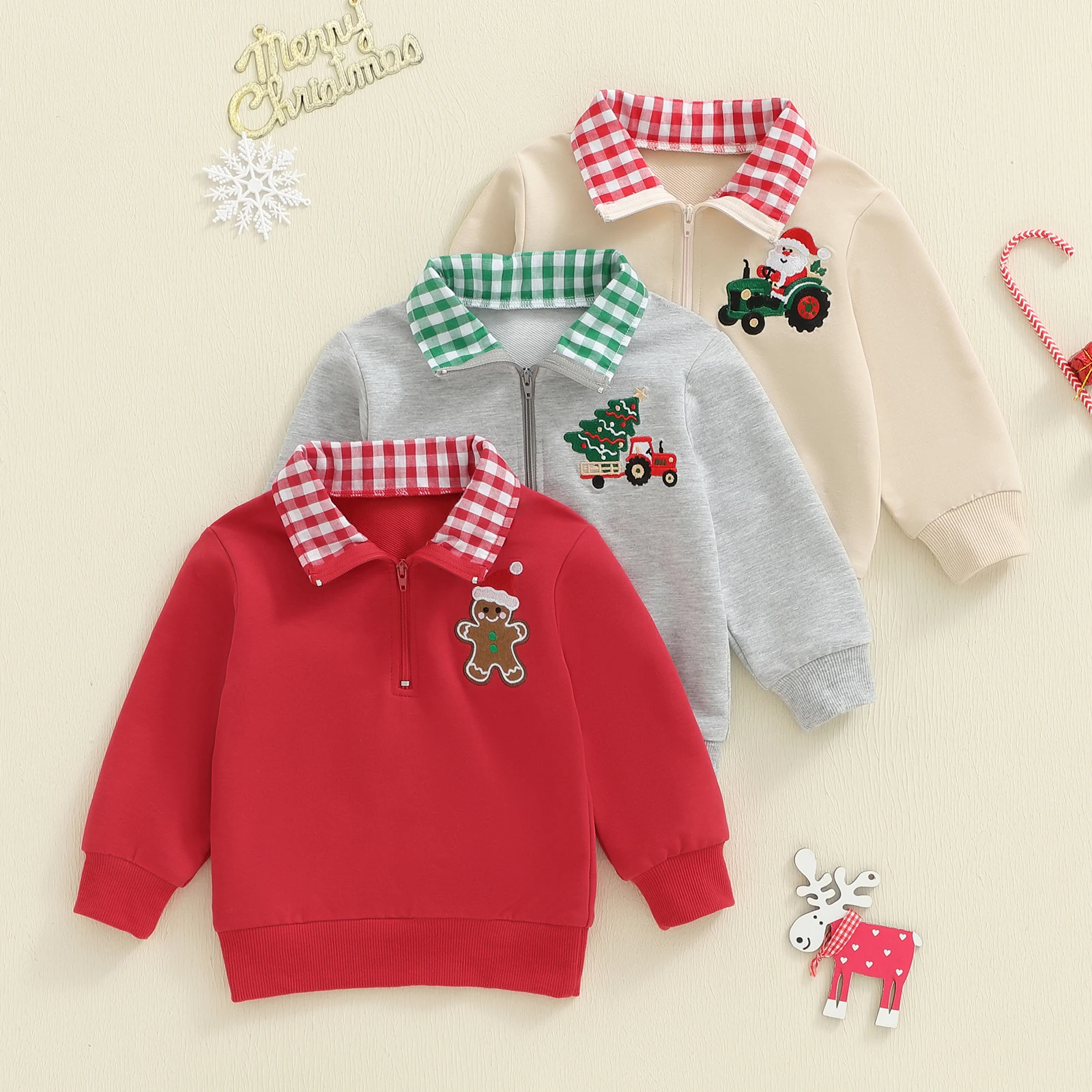 Toddler Boy Christmas Sweatshirt Tops Gingerbread Man Embroidery Long Sleeve Pullover Casual Sweatshirts Tops