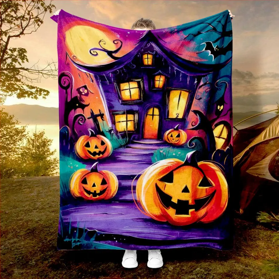Halloween Haunted House Blanket Pumpkin Moon Night Scene Artistic Design Soft Fleece Throw Home Decor Gift Idea Party