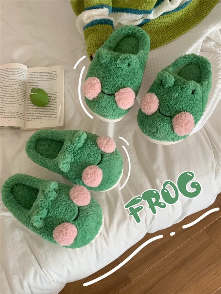 Funny Couple Lovely Frog Cotton Slippers 2022 Winter Student Anti Slip Warm Plush Home Slipper Men And Women Household Shoes