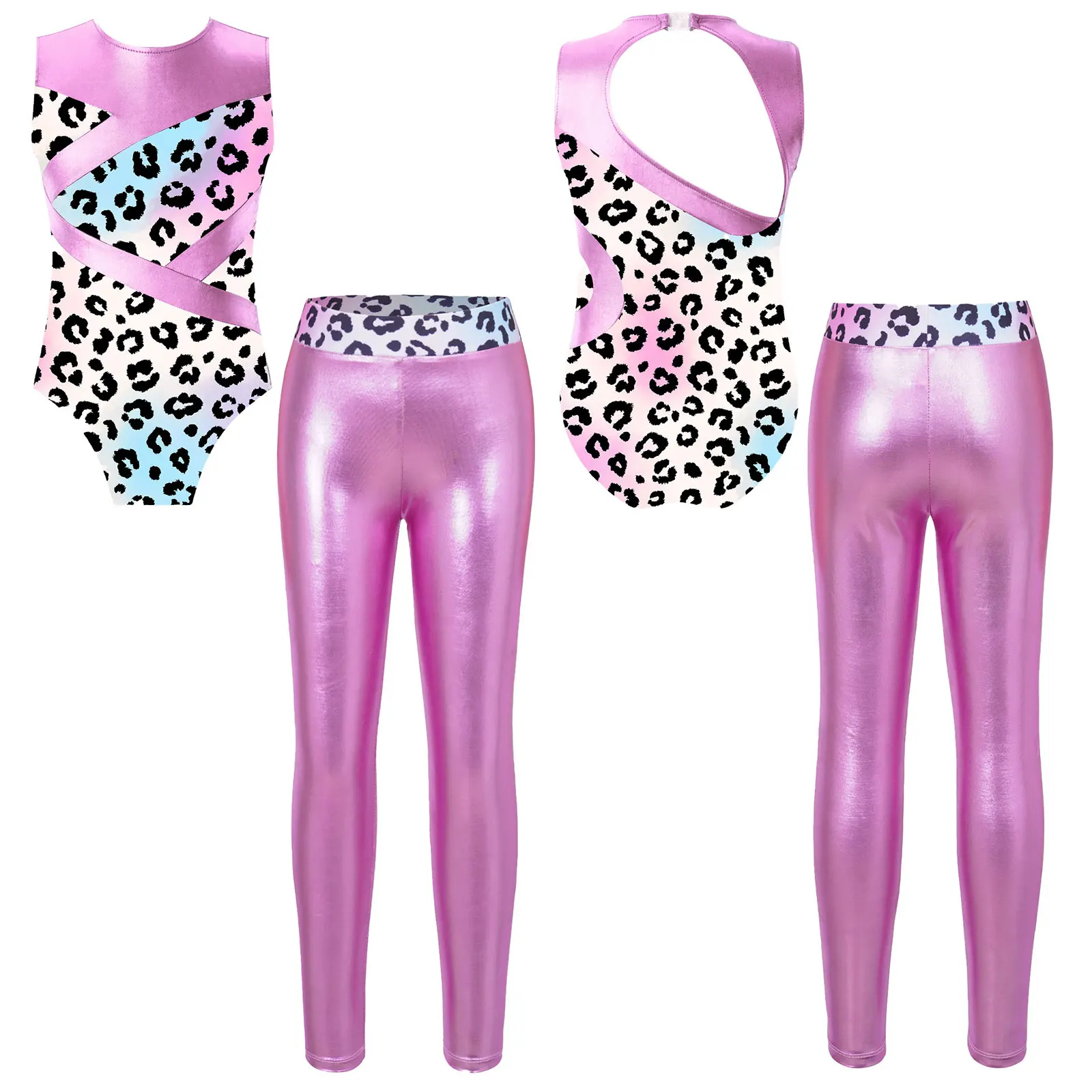 Body per balletto per bambina body per ginnastica con stampa senza maniche con Leggings Set Dance Performance Dancewear abbigliamento sportivo costumi da bagno