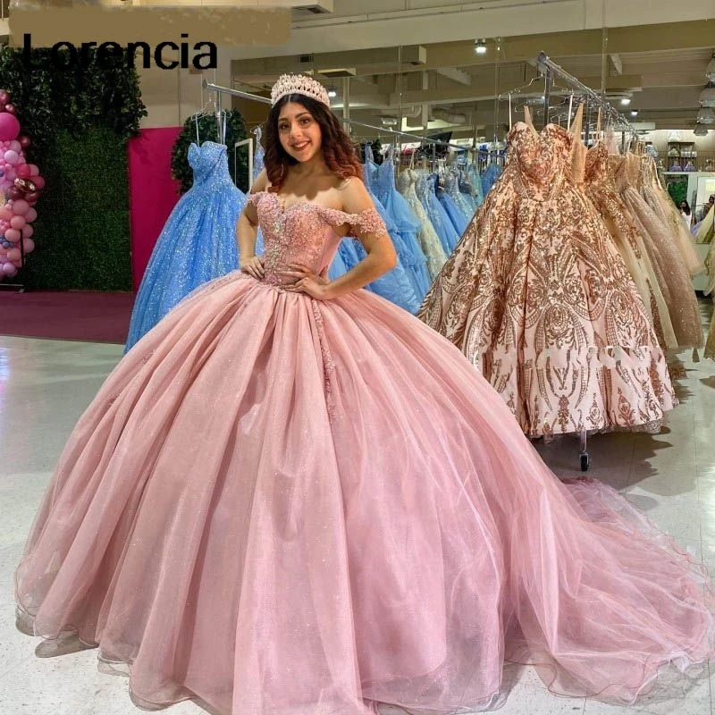 Lorencia-Vestido Quinceanera Rosa Brilhante, Vestido de Baile, Cristais, Espartilho Mexicano, Doce 16, 15 Anos, YQD755