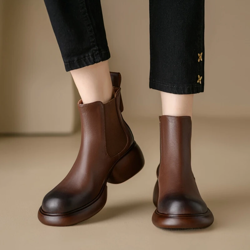 

NEW Autumn Boots Women Round Toe Thick Heel Women Boots Genuine Leather Shoes for Women Solid Chelsea Boots Platform Women Boots