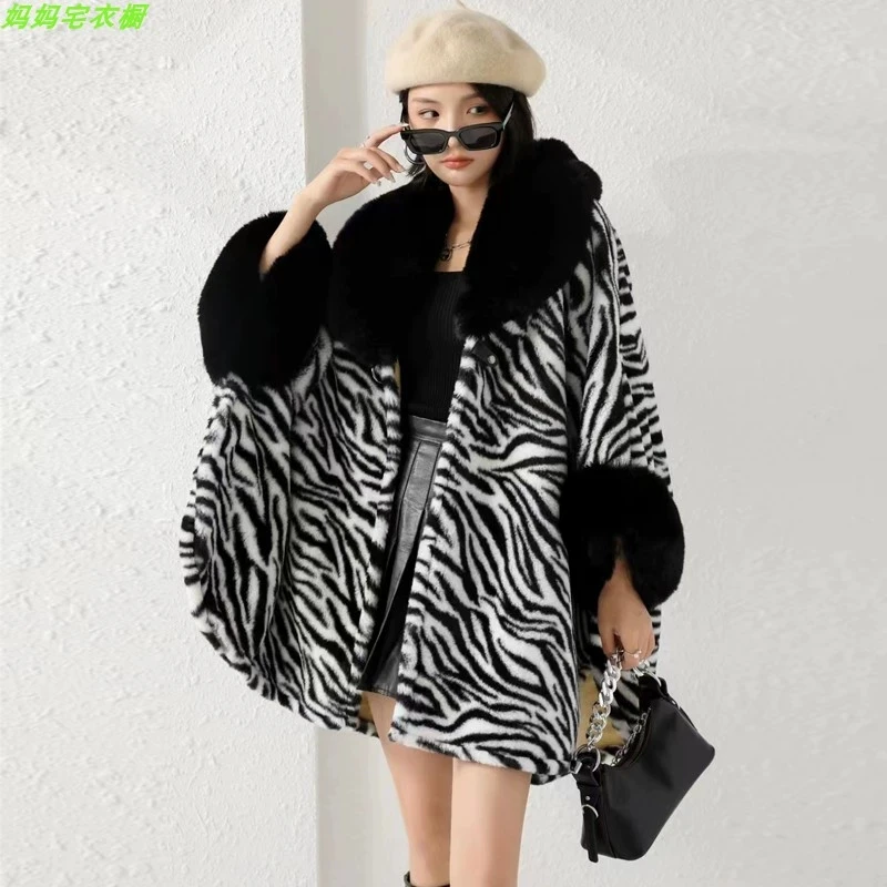 

Женская свободная накидка с леопардовым принтом и меховым воротником, шаль, шерстяное кашемировое пальто на флисовой подкладке с крыльями летучей мыши, осенняя уличная одежда