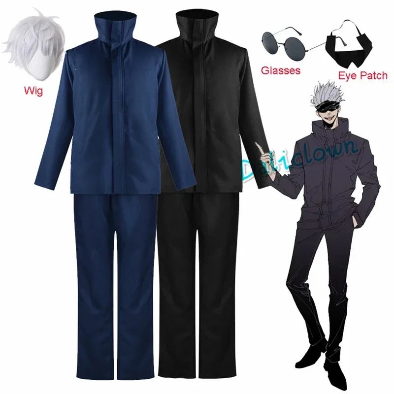 JJK Gojo Satoru Cosplay Uniforme Parrucca Vestito Bende per gli occhi Occhiali neri Accessori per costumi Puntelli anime Costume di Halloween per uomo