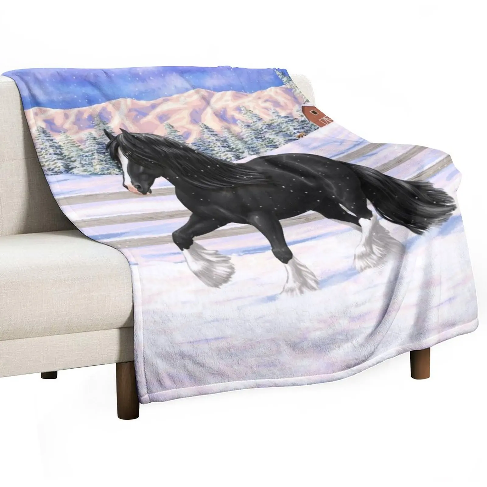 Black & White Gypsy Vanner Draft Horse In Snow Throw Blanket Bed Decorative Beds funny gift Plush Sofa Blankets