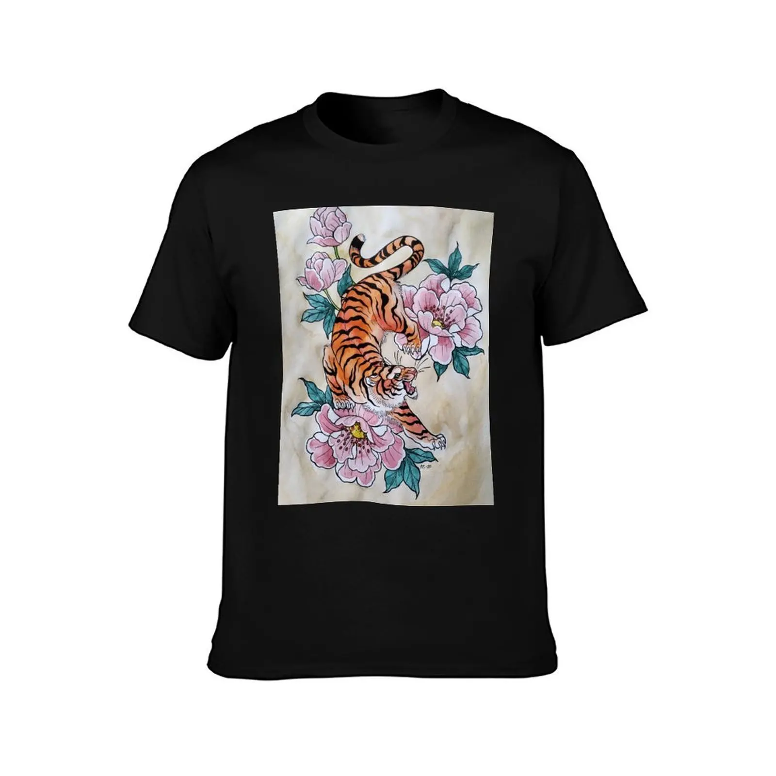 Tiger and Peonies T-Shirt Essential Solid Color T-Shirt