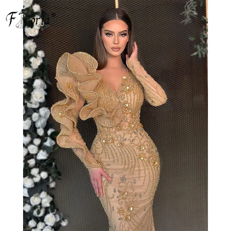 Wunderschönes Dubai Gold Meerjungfrau Abendkleid mit gekräuselten Schulter Perlen Langarm formelle Gelegenheit Party kleid Vestidos de Noche