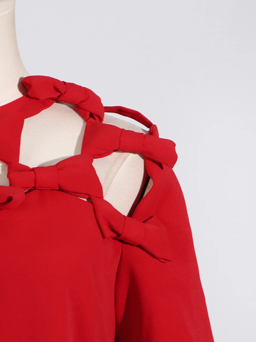 VGH Solid Hollow Out Afslankjurken Voor Vrouwen Ronde Hals Korte Mouw Hoge Taille Gesplitste Strik Vintage A-lijn Jurk Vrouwelijke