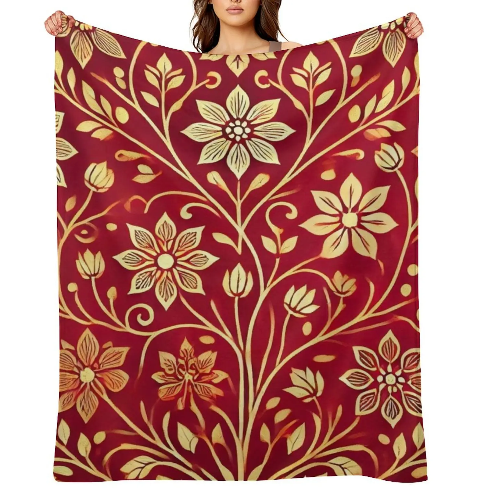 

Klimt Gold and Red Floral Throw Blanket Flannel Fabric for sofa halloween Soft Beds Blankets
