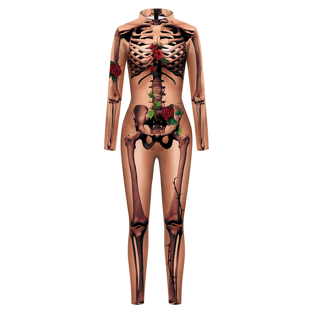 Halloween sexy Bodysuit Cosplay Kostüm Erwachsenen Urlaub Party Karneval Verkleidung Outfit braun Schädel Druck Bühne Overall Catsuit