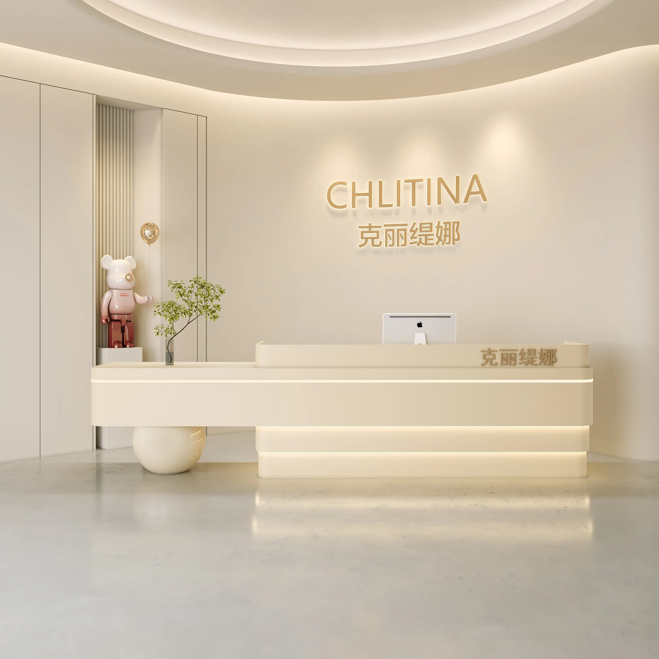 

Современный минималистский кремовый стиль, стойка регистрации, парикмахерская, йога, студия, магазин одежды