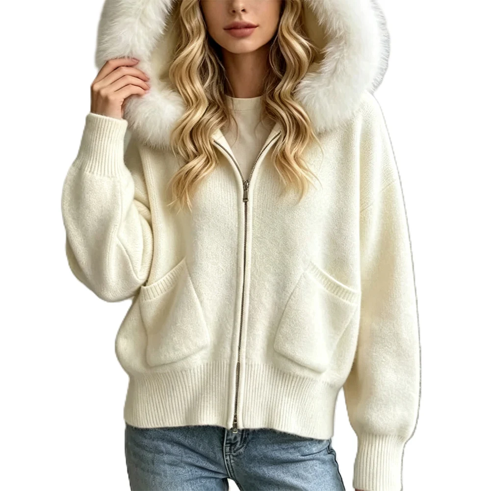 Knit Sweater Coat with Hood for Women Regular Length Medium Stretch Polyester Material for Autumn Winter Spring