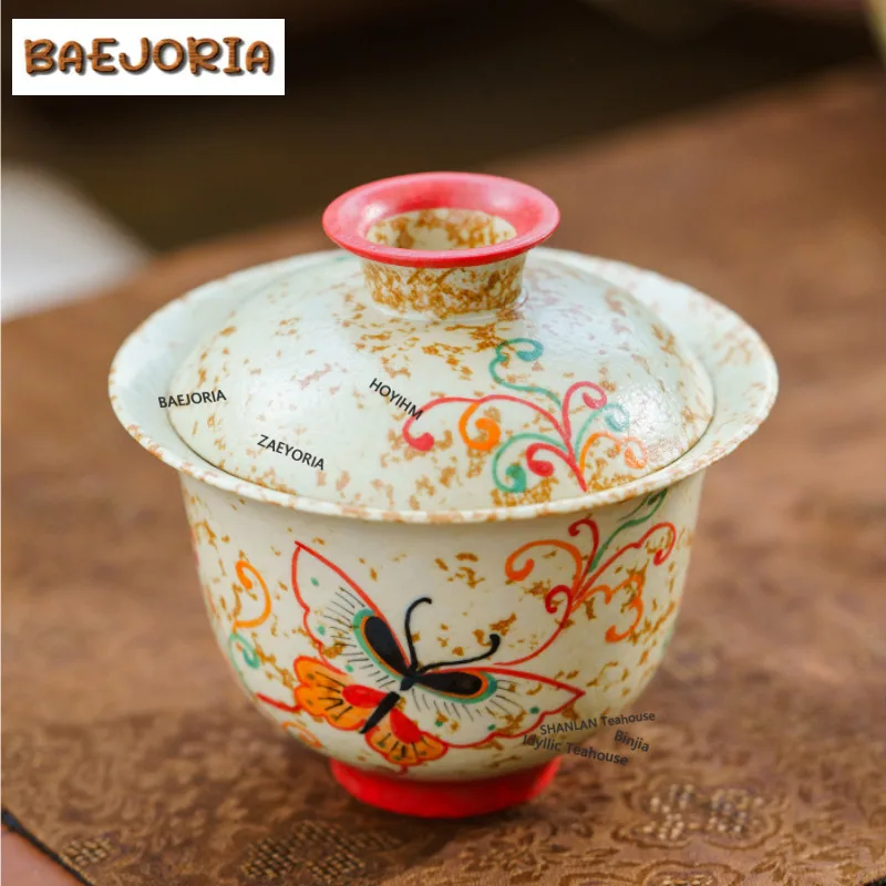 

150ml Hand Painted Dunhuang Butterfly Gaiwan Luxury Tea Tureen Tea Bowl With Lid Kit Tea Making Cover Bowl Tea Ceremony Craft