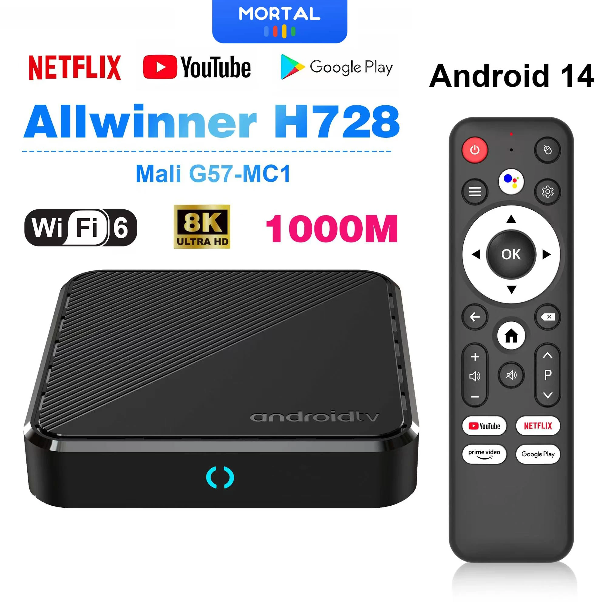 Mortal H728 Streaming TV Box WIFI6 Netflix YouTube Free TV Set Top Box Sprachsteuerung 8K Allwinner