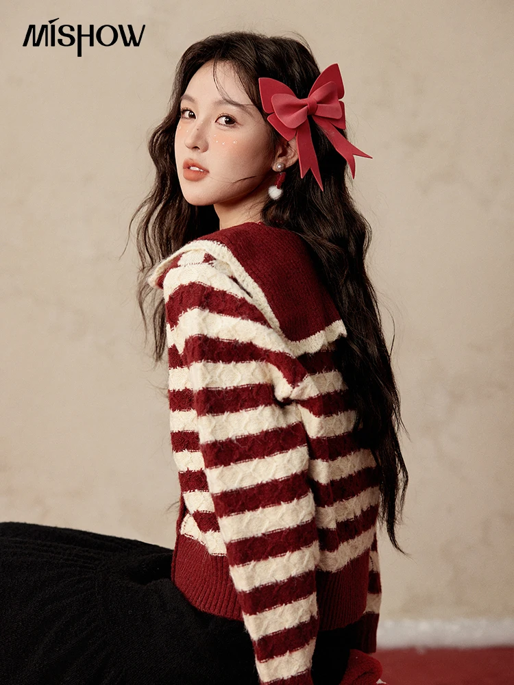 MISHOW Christmas Red Striped Turn Down Collar Cropped Cardigan Thickened Warm Wool Blend Sweater Soft Knitted Tops MXD58Z1038