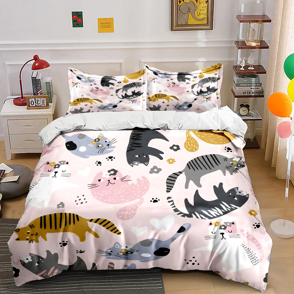 Cartoon cats pattern pink background Print Bedding Set 1 Duvet Cover 2 Pillowcases for Adult and Children Luxury Gift Full Size